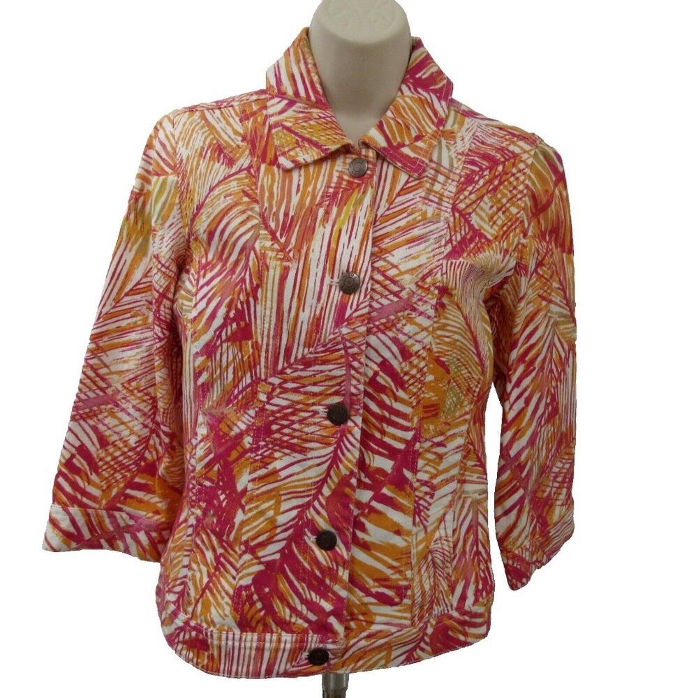 Additions by Chico's Jacket Sz 0 (Small) Orange Pink Jean Palm Leaves Print NWOT